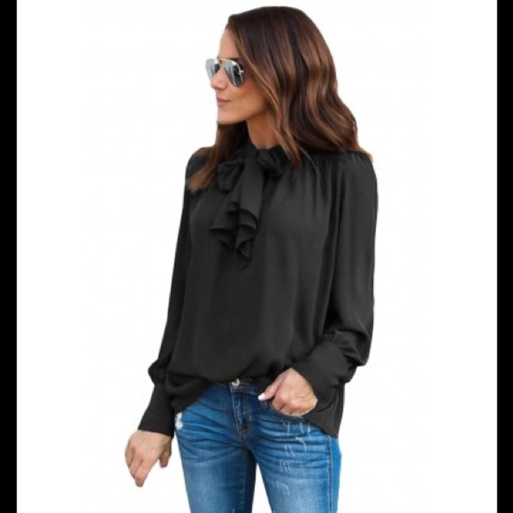Classic Black   Demure Tie Neck Blouse
